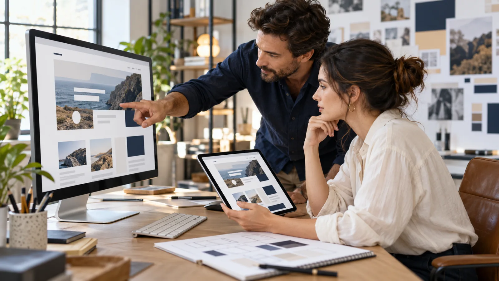 Web designers reviewing a responsive landing page on a desktop and tablet