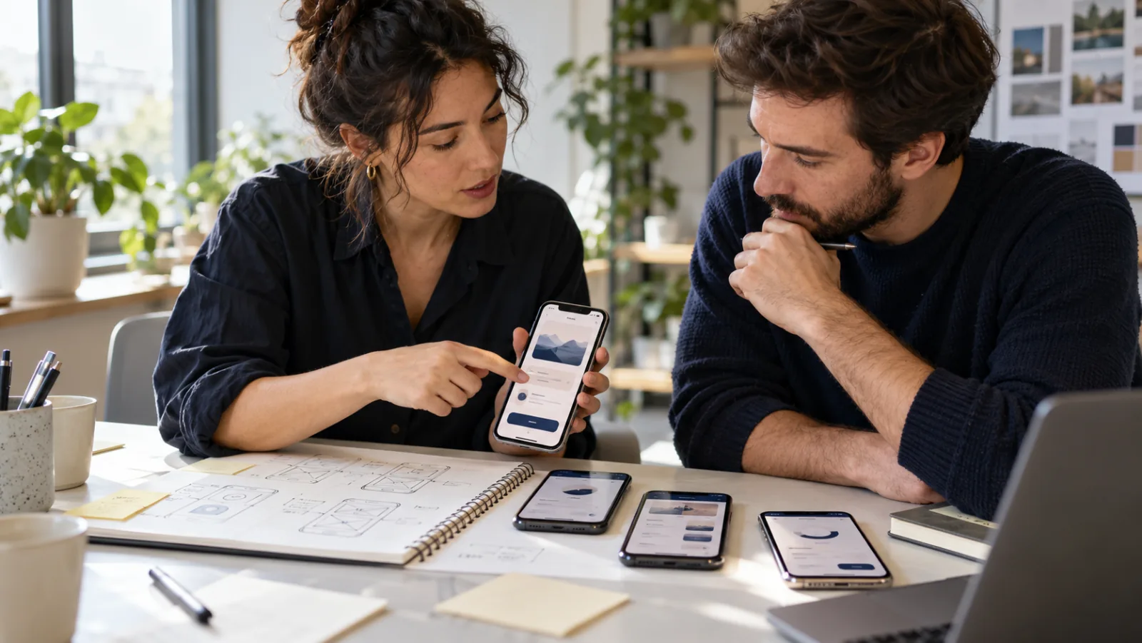 Product designer and founder reviewing mobile app prototypes