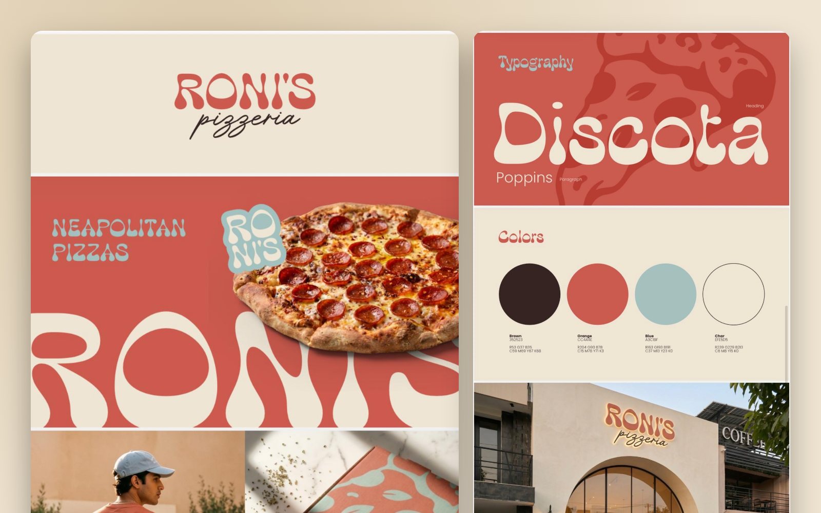Roni's Pizzeria brand identity and menu design