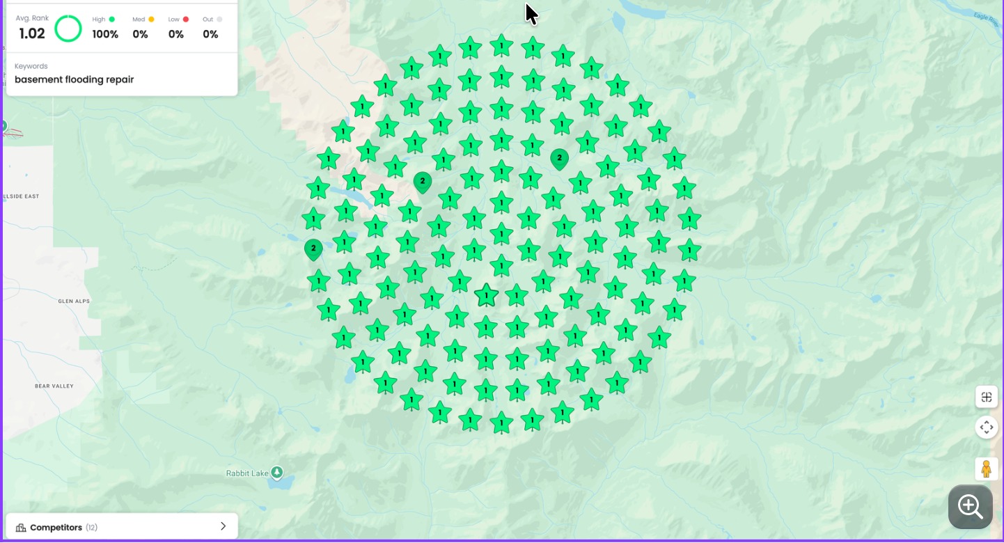 Local ranking grid for basement flooding repair showing average rank 1.02 and 100 percent high ranking markers