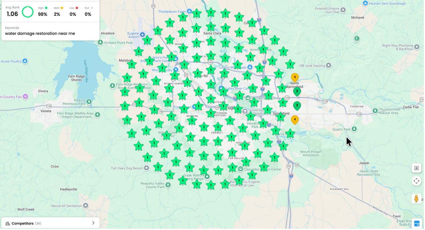 Local SEO grid report for water damage restoration search visibility