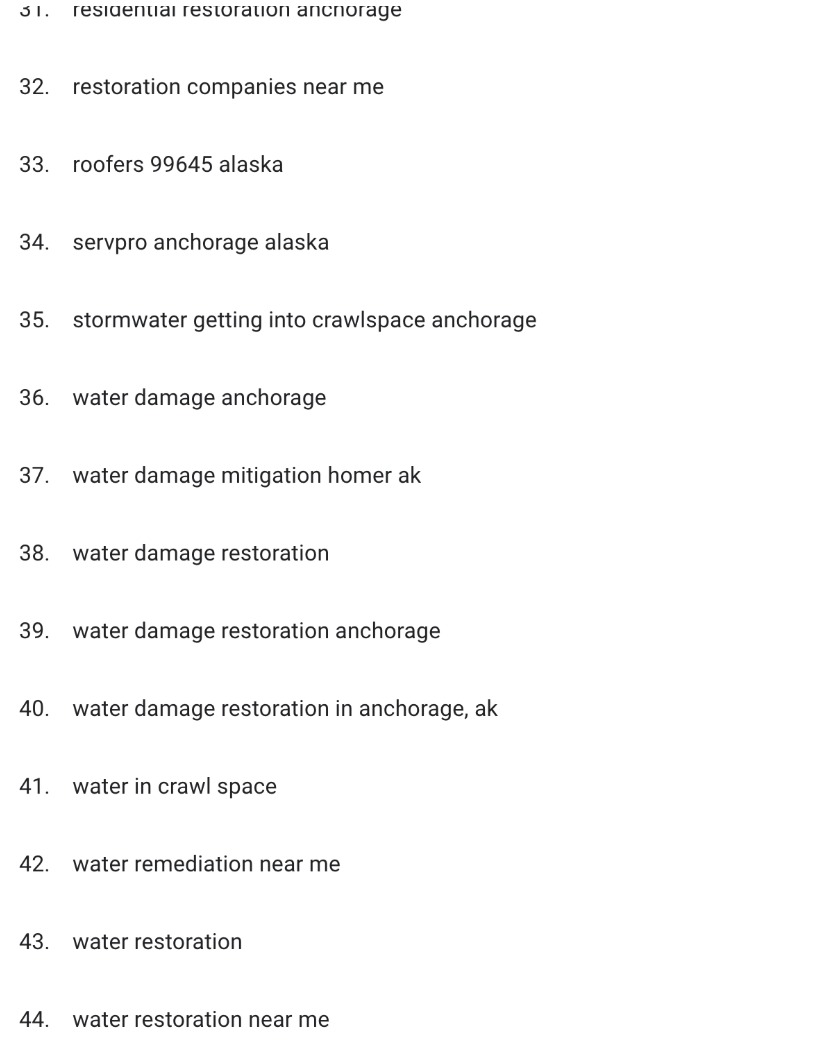 List of local restoration queries including water damage Anchorage, water restoration near me and restoration companies near me